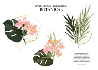 Hand drawn watercolor exotic plants set. Realistic leaves and colorful Tropical flowers design with gold frame and  text elements, luxury logo, branding template design. Paradise party art in vector