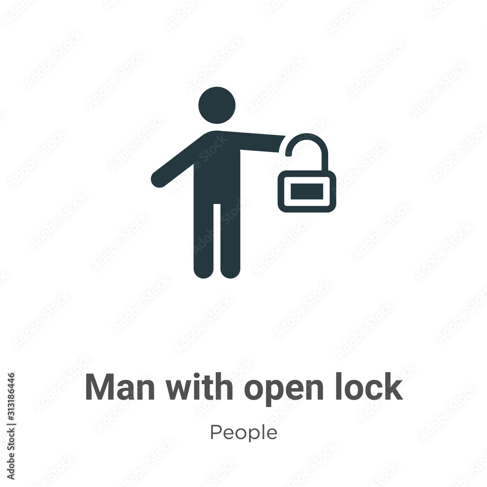 Poster man with open lock glyph icon vector on white background. flat vector man with open lock icon symbol