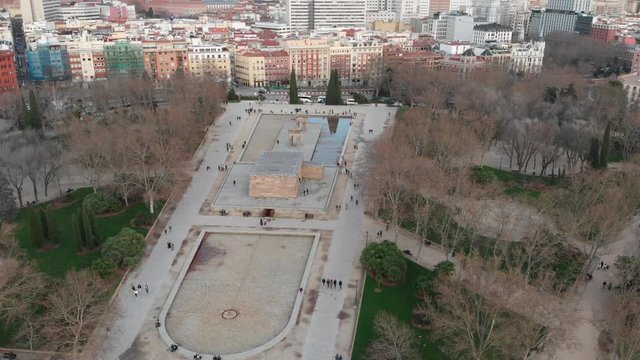 Temple of Debod in Madrid with a drone