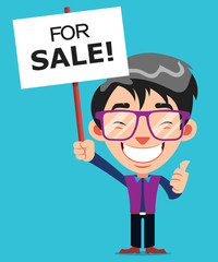 Funny Guy Cartoon Character With Glasses Holding A Sale Sign