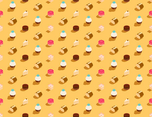Dessert Cake, cupcake and jam roll 3D isometric seamless pattern, Bakery concept poster and social banner post design illustration isolated on cream background with copy space, vector eps 10