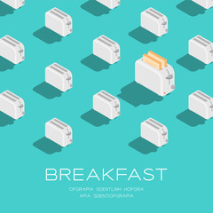 Toaster with Slice bread 3D isometric pattern, Breakfast bakery concept poster and social banner post square design illustration isolated on green background with copy space, vector eps 10