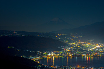 【夜景】高ボッチ高原から望む富士山と諏訪湖　秋
