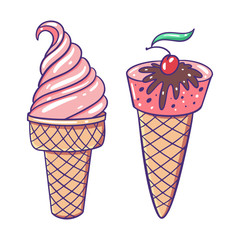 Pink Ice Cream in waffle cup and cone. Vector illustration. Flat cartoon style.