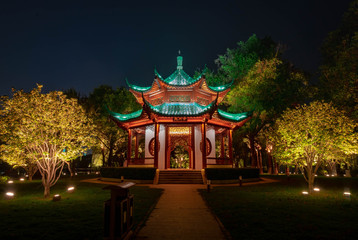 Night view of Chinese Pavillion with light decoration at East Lake, Wuhan Hubei / China.