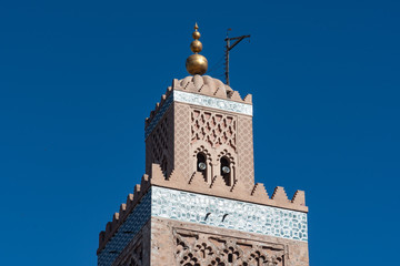 Partial view of a mosque's minaret in Marrakech