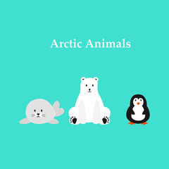 Arctic happy animals penguin, polar bear and fur seal. Flat vector cartoon illustration isolated blue background.