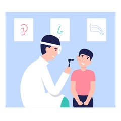 Happy Otolaryngologist man doctor with otoscope and frontal reflector make ear examination child. Flat vector cartoon illustration. 