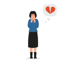 Girl covers her face and cries. Sad female character, bad emotions, broken heart, unhappy love. Flat vector illustration design.