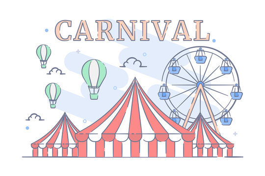 Happy Carnival Festive Concept with circus tent line filled illustration
