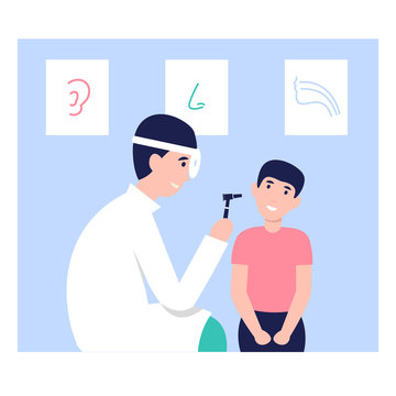 Happy Otolaryngologist Man Doctor With Otoscope And Frontal Reflector Make Ear Examination Child. Flat Vector Cartoon Illustration. 