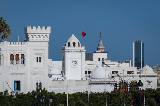 Tunis city white buildings, view from Monument Place