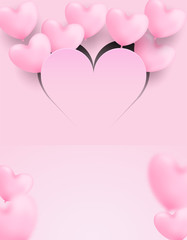 Happy Valentine day background. Design with pink heart balloons flying outside the paper art heart on pink background. Vector.