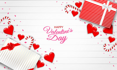 Happy Valentine's day background. Design with heart , gift box and pink foil confetti on white wood background . Vector.