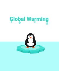 Global warming problem ecology. Sad scared penguin on ice block, icy cliff or iceberg in the ocean. Flat vector cartoon illustration.