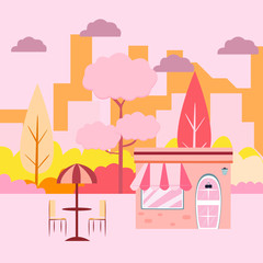 illustration pink city design with shop. flat design illustration