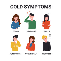 Set sick people have a cold or flu symptoms. Flat vector cartoon characters isolated white background.