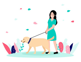 Happy young woman walking with a dog. Flat vector modern illustration.