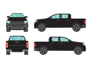 Set of black pickup truck car view on white background,illustration vector,Side, front, back