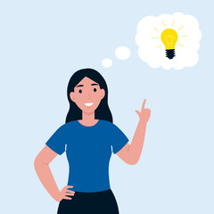 Woman has idea. Female having solution, lightbulb idea  creative thinking concept. solved question. Flat vector cartoon illustration. 