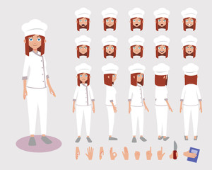 Chef character with various views, face emotions, poses and gestures. Cartoon style, flat vector illustration.