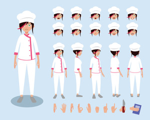 Chef character with various views, face emotions, poses and gestures. Cartoon style, flat vector illustration.