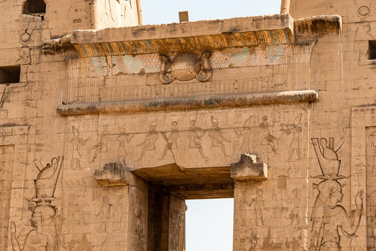 ancient egyptian architecture ruins. hieroglyphs and columns of the Temple of Horus at Edfu, in Egypt