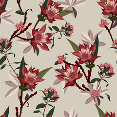 Seamless vector pattern with red flowers and leaves. Vintage garden floral mood background.pattern for fashion,fabric and all prints