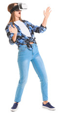 Young woman with virtual reality glasses on white background