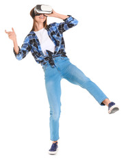 Young woman with virtual reality glasses on white background