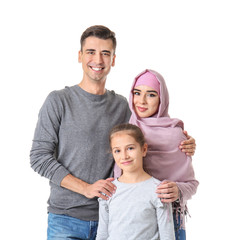 Fototapeta premium Portrait of Muslim family on white background
