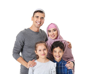 Fototapeta premium Portrait of Muslim family on white background