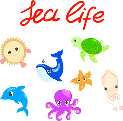 Vector set of sea life . Cartoon, animals characters isolated on white background. Concept for logo, icon, print, stickers 