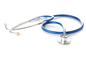 Modern stethoscope on white background