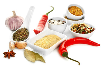 Many different spices on white background
