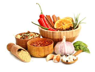 Many different spices on white background
