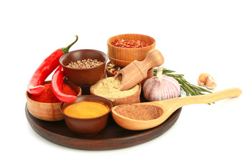 Many different spices on white background