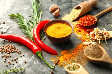Many different spices on grunge background