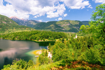 Scenery at Bohinj Lake, Slovenia. Nature in Slovenija. View of green forest and blue water. Beautiful landscape in summer. Alpine Travel destination. Julian Alps mountains on scenic background