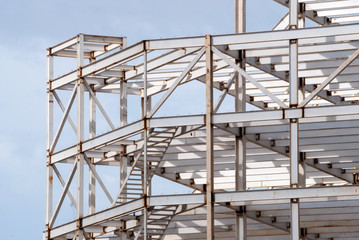 Metal structure for the construction of modern building in Guatemala City, civil engineering and urban architecture, integration of spaces in Latin American city.