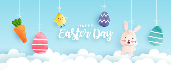 Easter day banner with cute chickens , rabbit and Easter eggs in water color style .