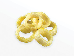 Fried Spicy, Salty and tasty fried corn rings Snacks or Fryums (Snacks Pellets) Salty Mini Ring Snack, white background, selective focus - Image