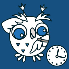 emoticon with a cool owl who stands and looks at his watch, vector color clip art on isolated background