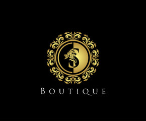 Golden S Boutique Logo Icon, Luxury S Letter Logo Design.