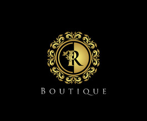 Golden R Boutique Logo Icon, Luxury R Letter Logo Design.