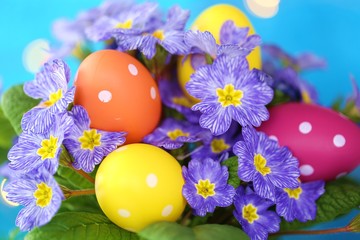 Easter concept. Easter motley eggs in the flowers of primrose blue on a bright blue background with golden bokeh.Holiday Easter spring bright background.Spring Religious holiday