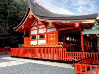 Red hall of Japanese temple at Fushimi Inari Shrine in Kyoto, Japan