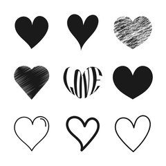 Set of black hearts icons. Collection of heart shapes different styles. Symbol of love. Design elements for Valentine's Day card. Vector hearts. Vector illustration.