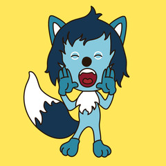 emoticon with a cool scared wolf with blue wool that stands with with eyes closed and both palms to his mouth and screams, color vector clip art on yellow isolated background