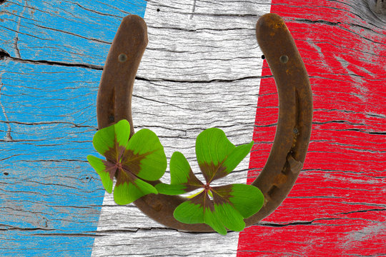 Fer &agrave; cheval et tr&egrave;fle sur fond bois tricolore 